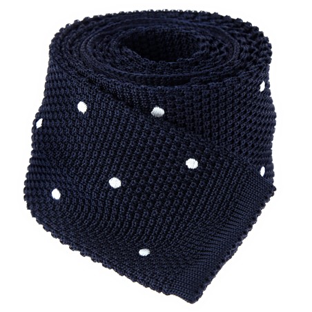 Cravate tricot en soie bleu marine à pois blancs