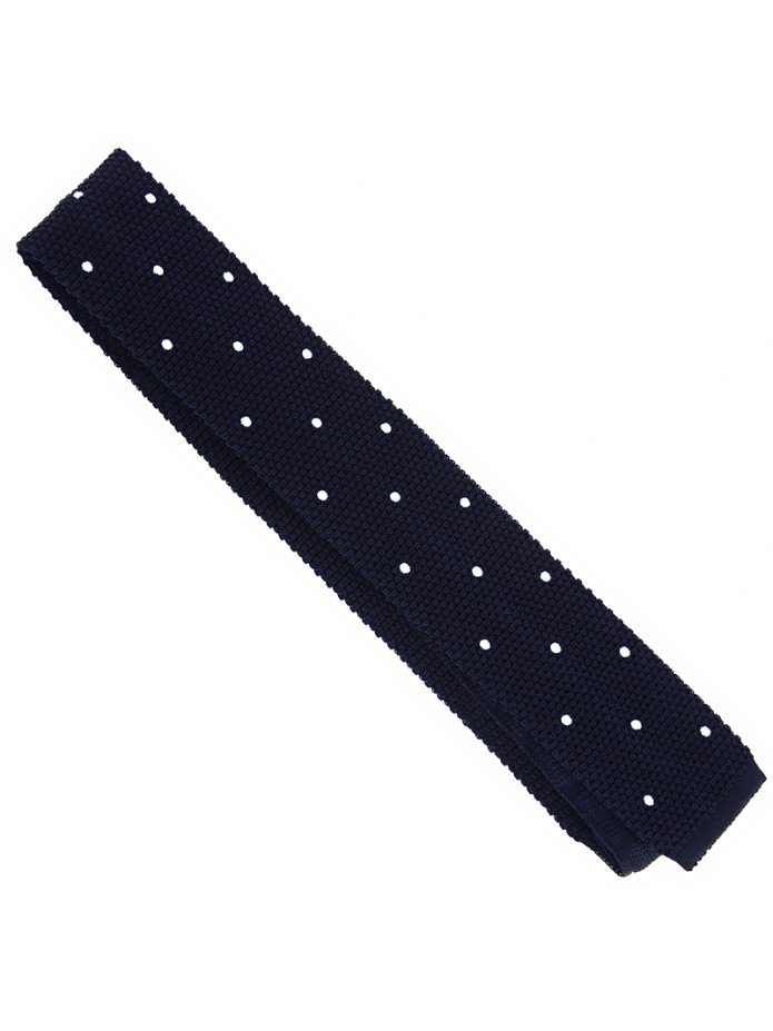 Cravate tricot en soie bleu marine à pois blancs Cravate tricot en soie bleu marine à pois blancs