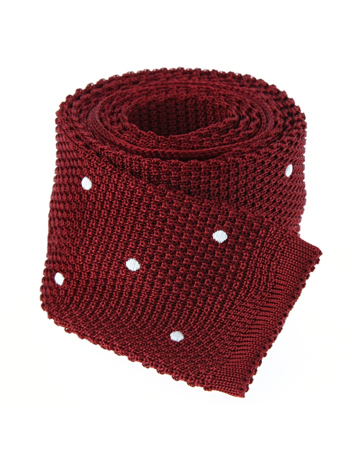 Cravate tricot en soie rouge grenat à pois blancs Cravate tricot en soie rouge grenat à pois blancs
