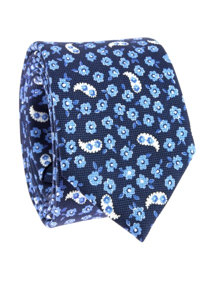 Cravate motif cachemire et fleurs bleu marine