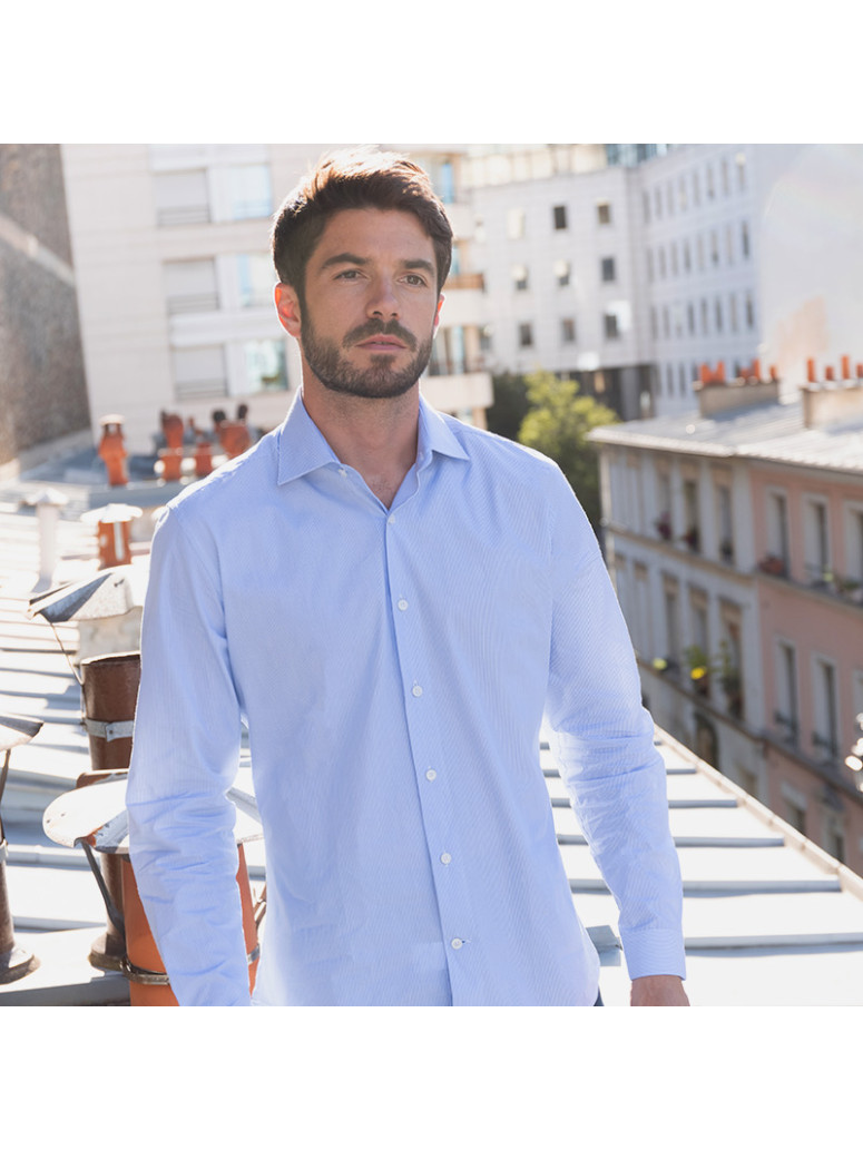 Chemise Habillée Homme LORENZONI Italie - 100% Coton - Taille 15.5 (39) - Col Onglet - Rayée Bleue