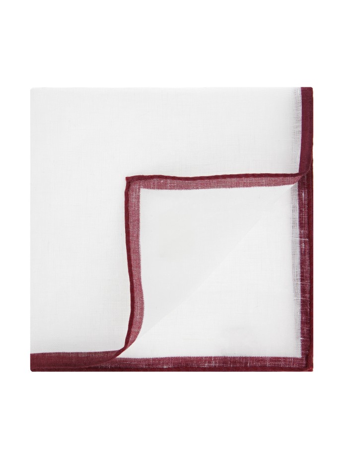 Pochette de costume en lin blanc avec ourlet bordeaux