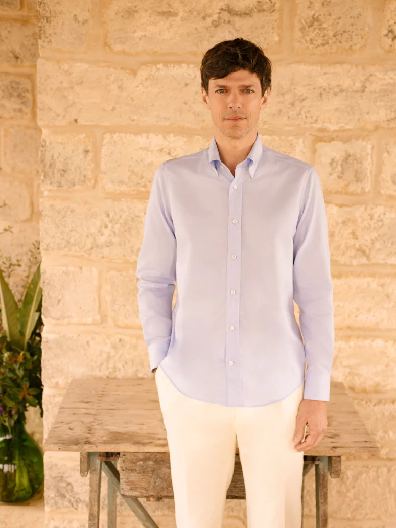 Chemise col américain en oxford bleu ciel