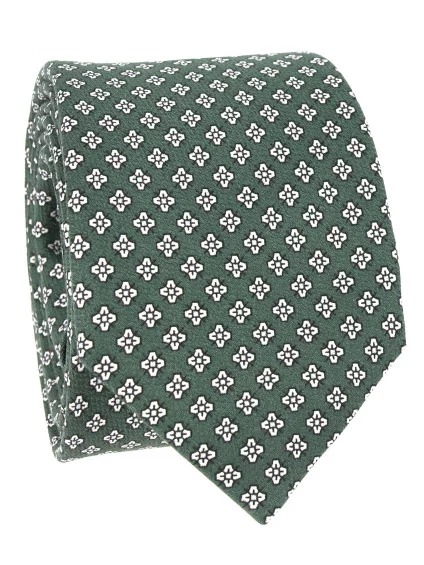 Cravate en soie vert thym à motif floral blanc