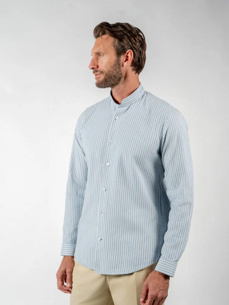 Chemise col mao en oxford japonais à rayures bleu ciel