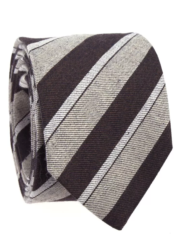 Cravate en laine et lin beige à rayures marrons