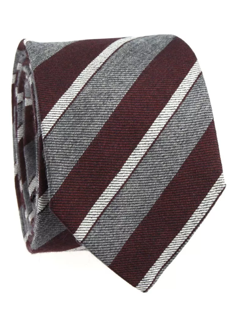 Cravate en laine et lin grise à rayures bordeaux