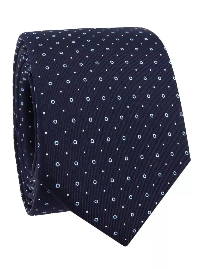 Cravate en soie bleu marine à pois