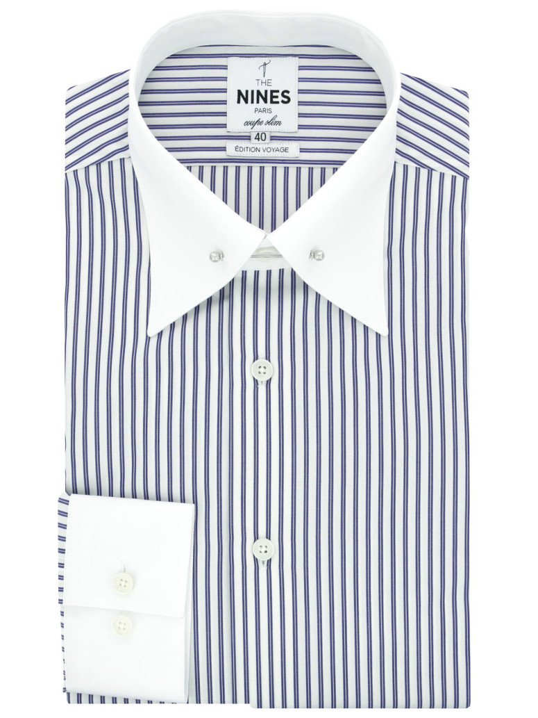 Chemise col épingle en popeline à rayures navy