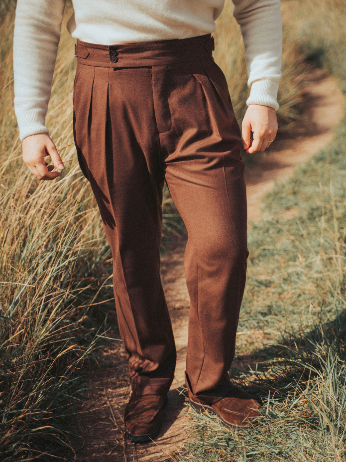 Pantalon taille haute en flanelle marron Litha
