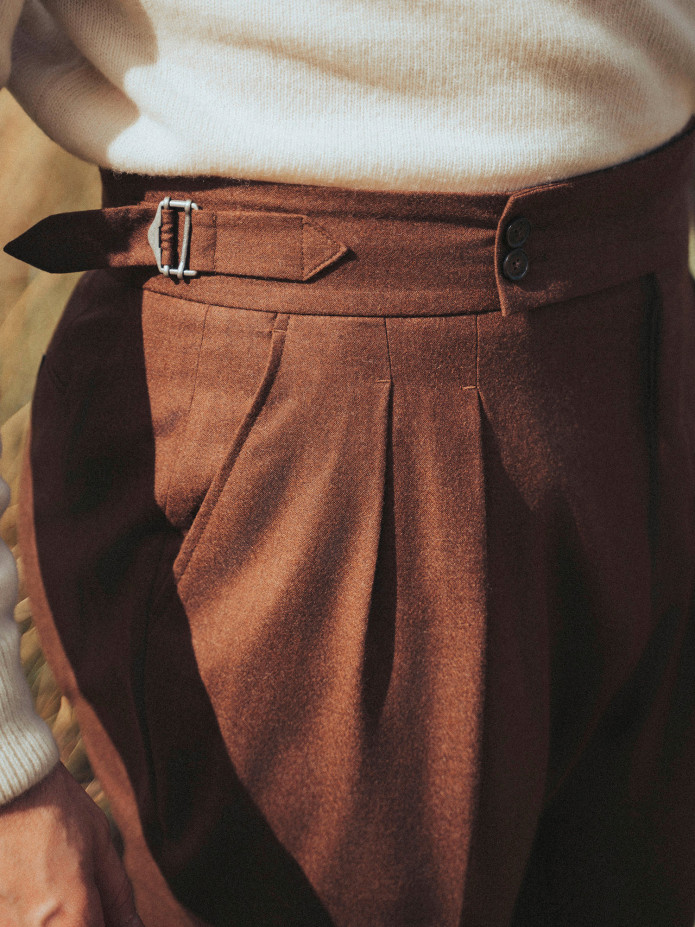 Pantalon taille haute en flanelle marron Litha