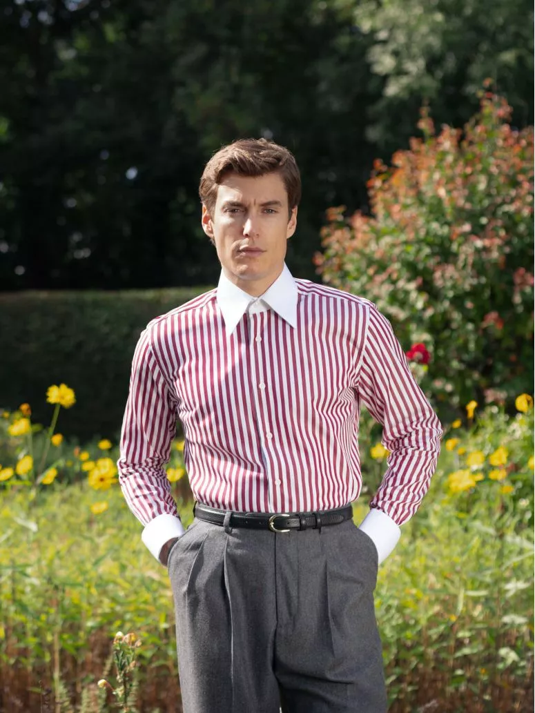 Chemise col français à rayures rouge bordeaux