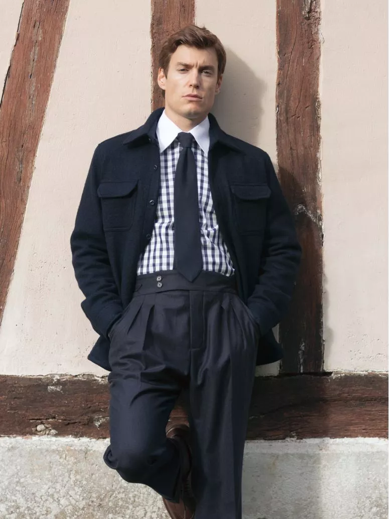 Chemise col français en twill vichy bleu marine