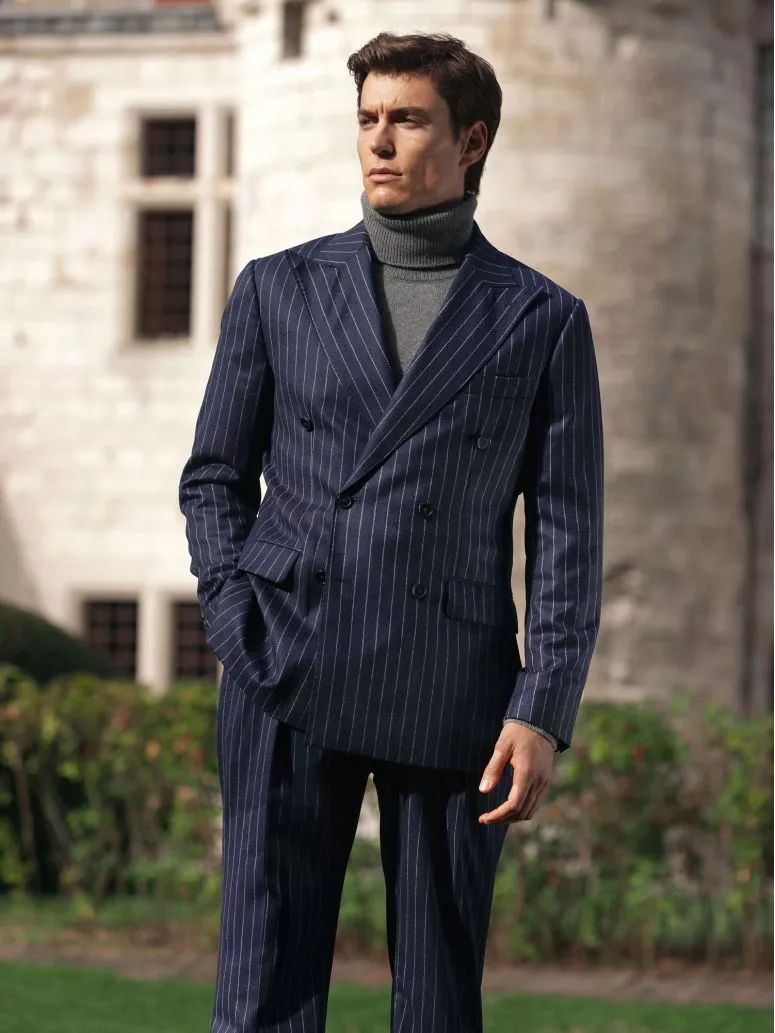 Veste croisée en flanelle bleu marine à rayures Tregorn