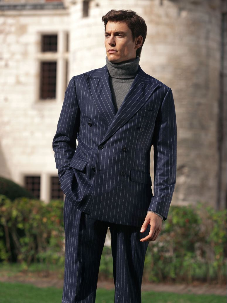 Pantalon en flanelle bleu marine à rayures Tregorn