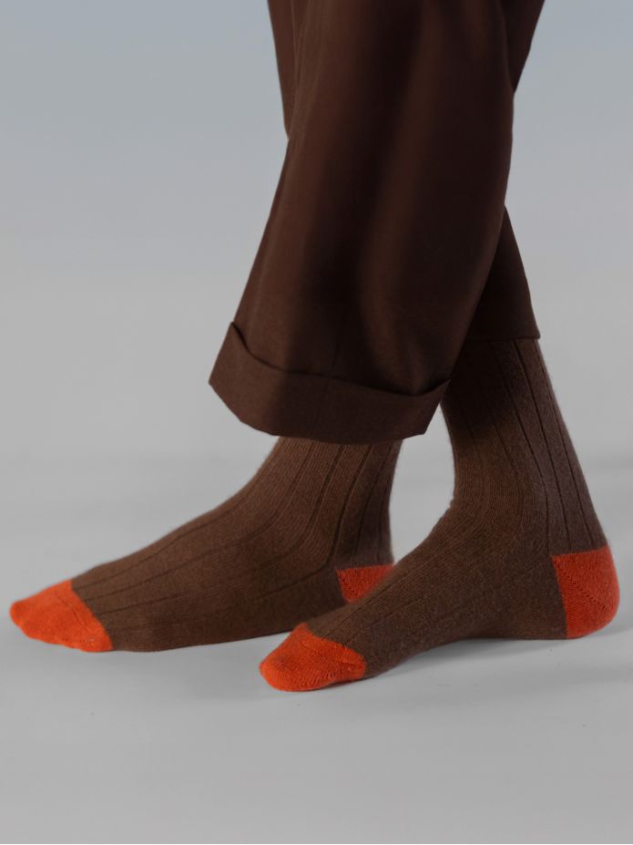 Chaussettes laine et cachemire marron et orange