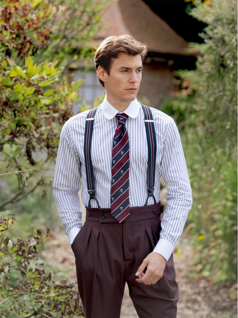 Chemise col rond à triples rayures bleu marine