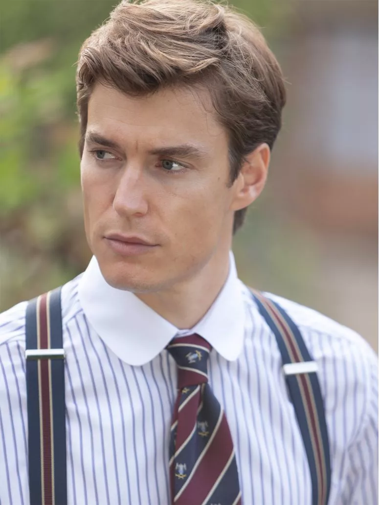 Chemise col rond à triples rayures bleu marine