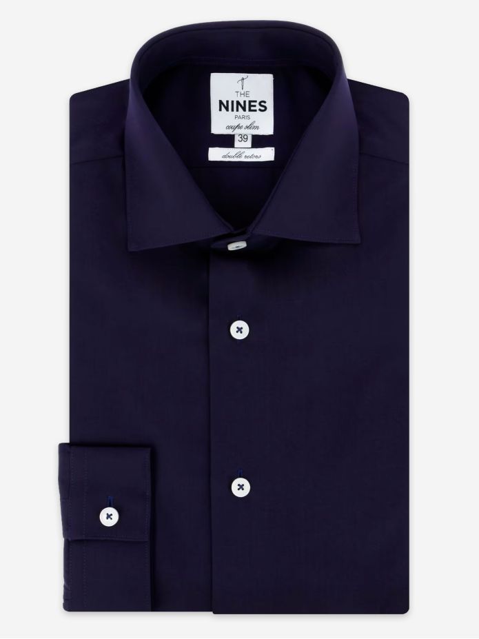 Chemise col italien en popeline bleu marine