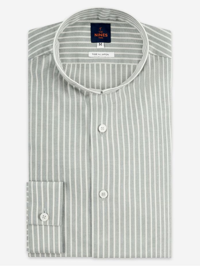 Chemise col inversé en oxford japonais à rayures vertes