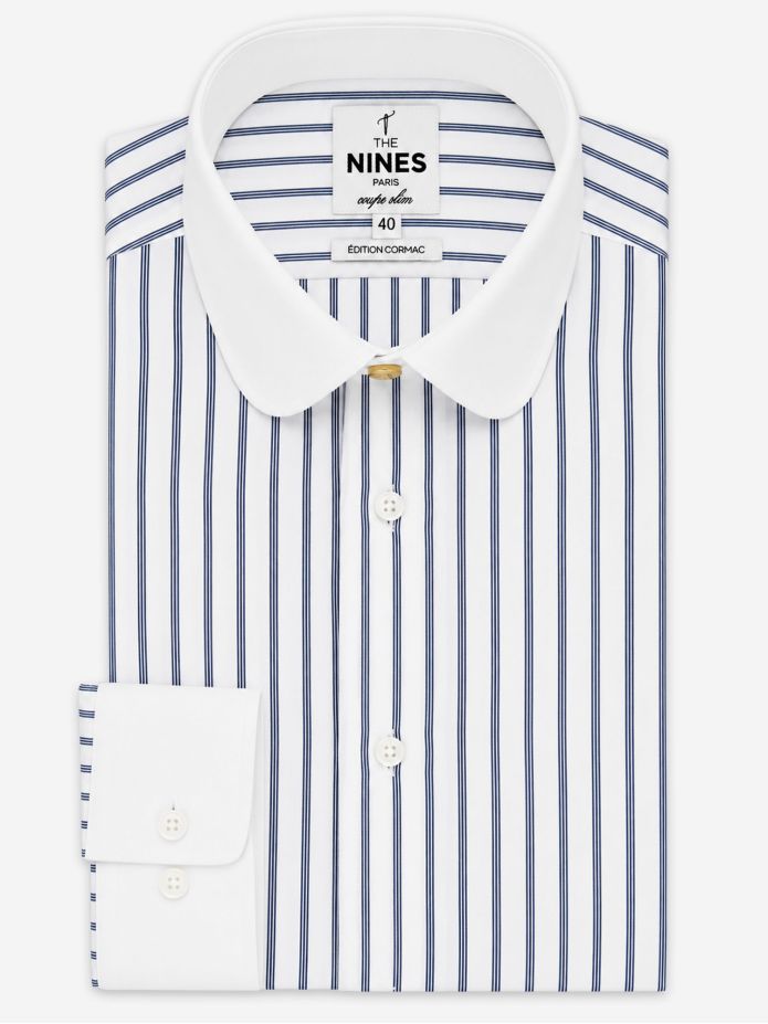 Chemise col rond à triples rayures bleu marine