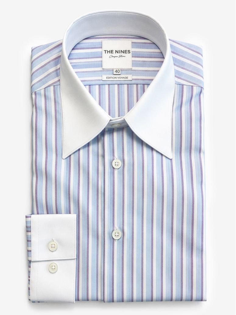 Chemise col français infroissable à rayures bleu ciel et violet
