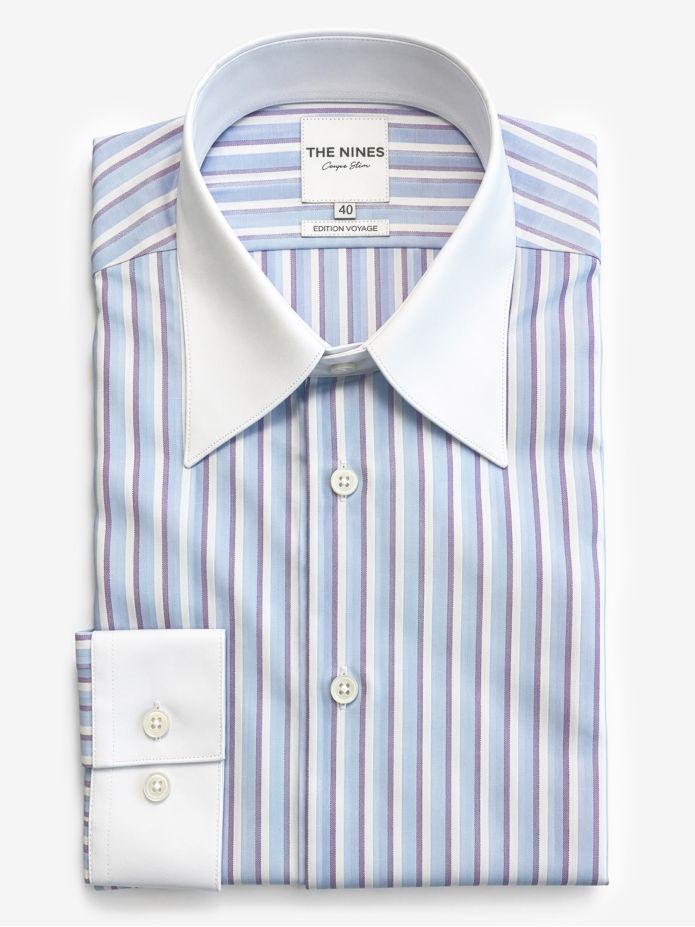 Chemise col français infroissable à rayures bleu ciel et violet