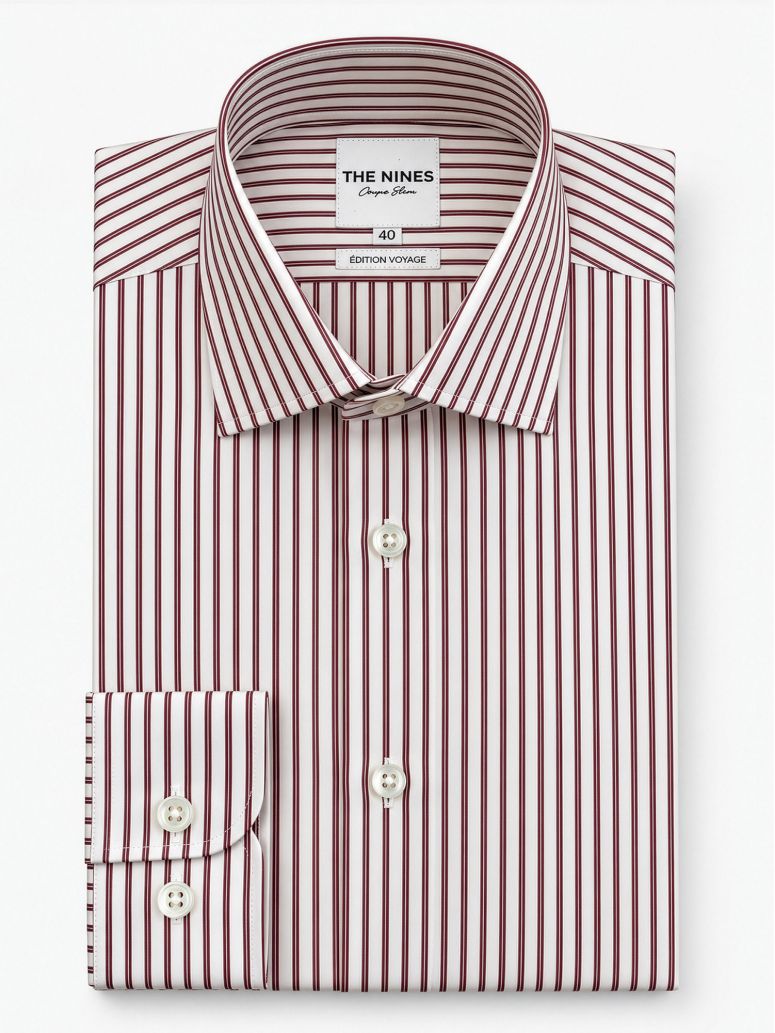Chemise col italien infroissable à rayures bordeaux
