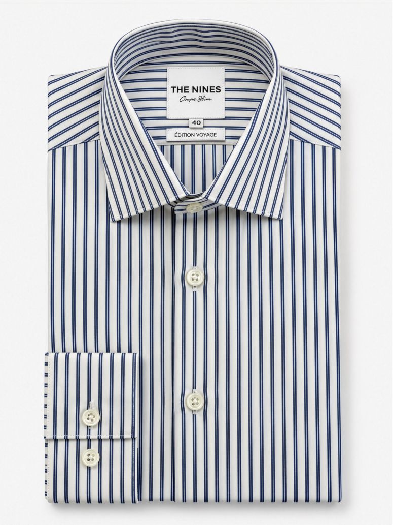 Chemise col italien infroissable à rayures bleu marine