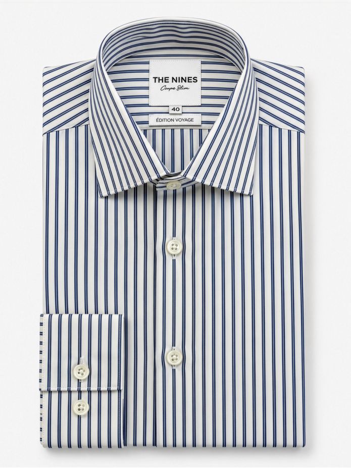 Chemise col italien infroissable à rayures bleu marine