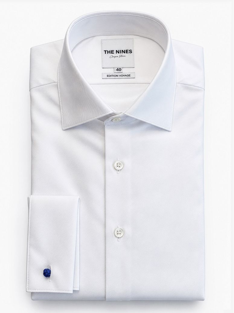 Chemise col italien en twill blanc à poignets mousquetaires