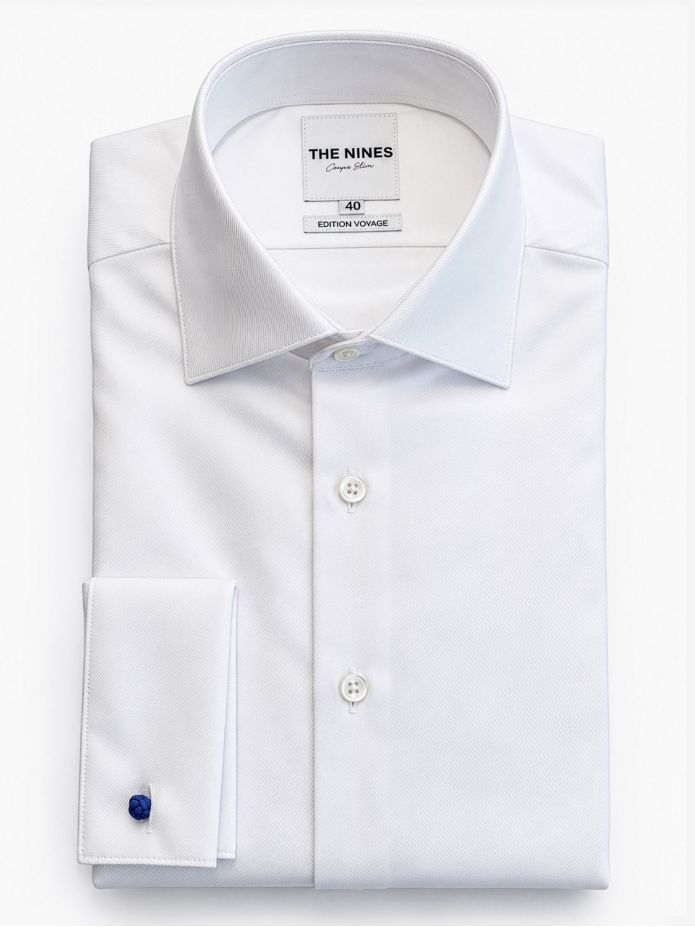 Chemise col italien en twill blanc à poignets mousquetaires