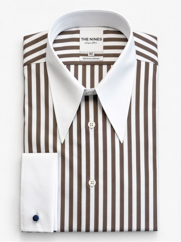 Chemise col à pointes à rayures marron