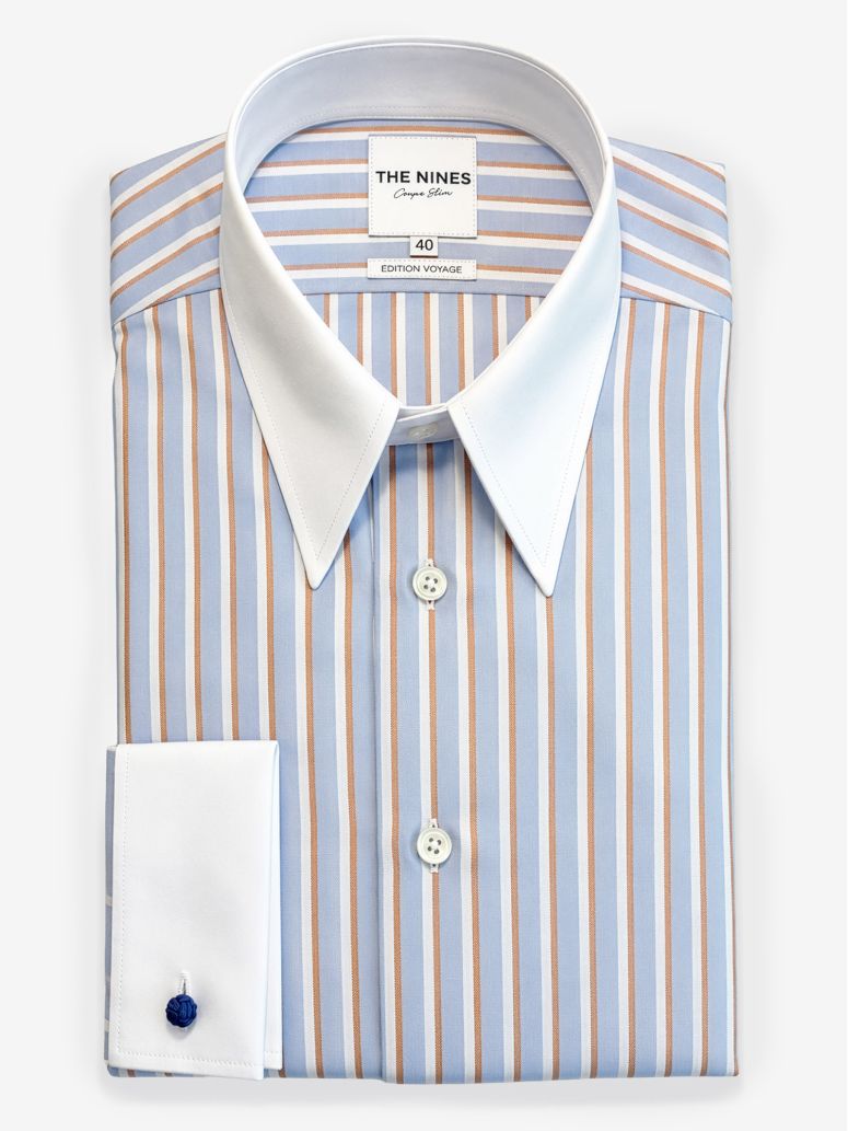 Chemise col à pointes à rayures bleu ciel et marron