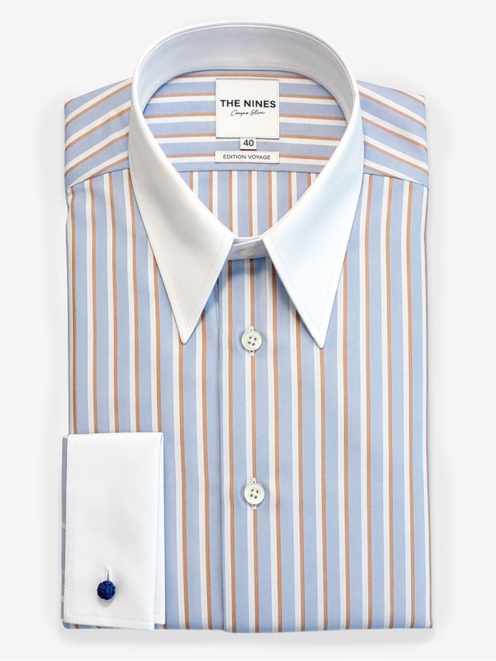 Chemise col à pointes à rayures bleu ciel et marron