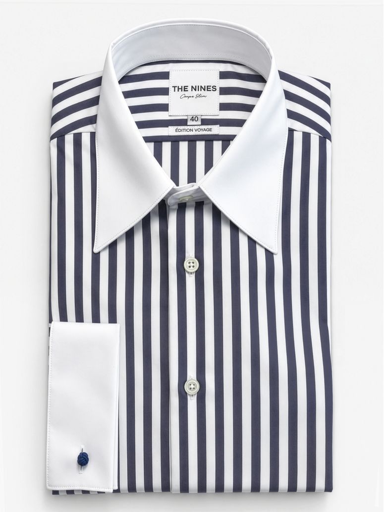 Chemise col français à rayures bleu marine avec poignets mousquetaires
