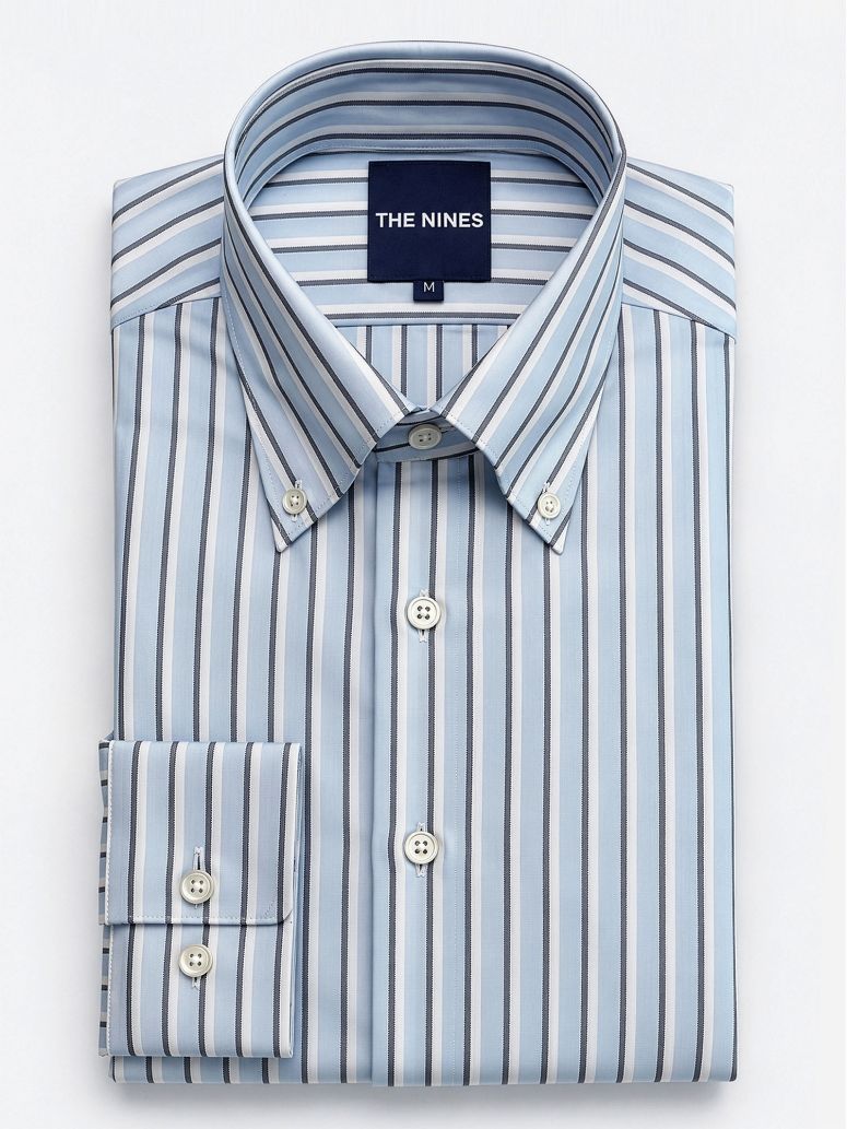 Chemise col américain à rayures bleu ciel et bleu marine