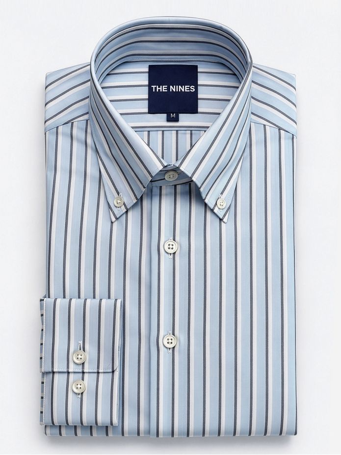 Chemise col américain à rayures bleu ciel et bleu marine