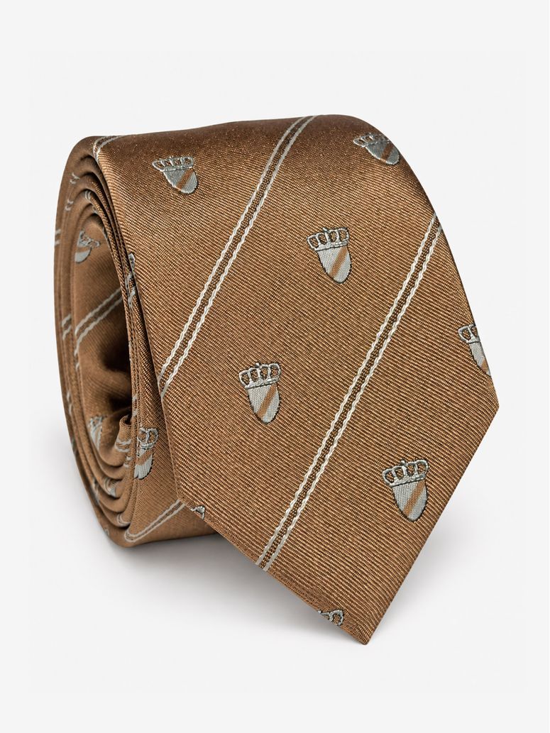 Cravate en soie beige à motifs blasons