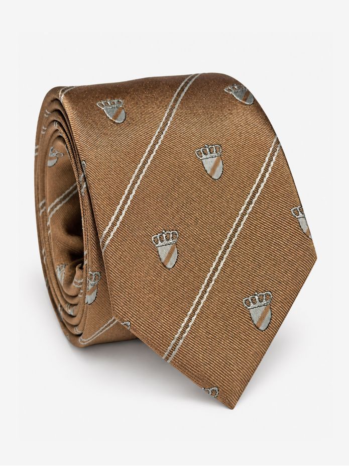 Cravate en soie beige à motifs blasons