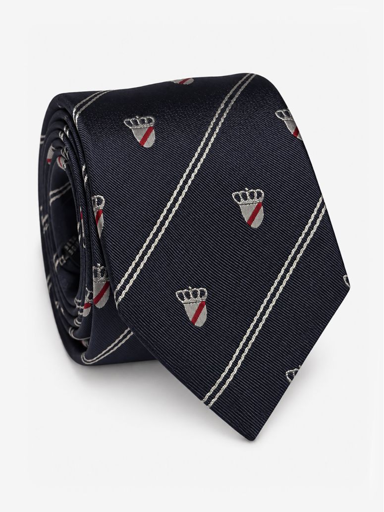 Cravate en soie marine à motifs blasons