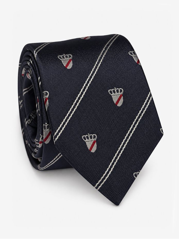 Cravate en soie marine à motifs blasons