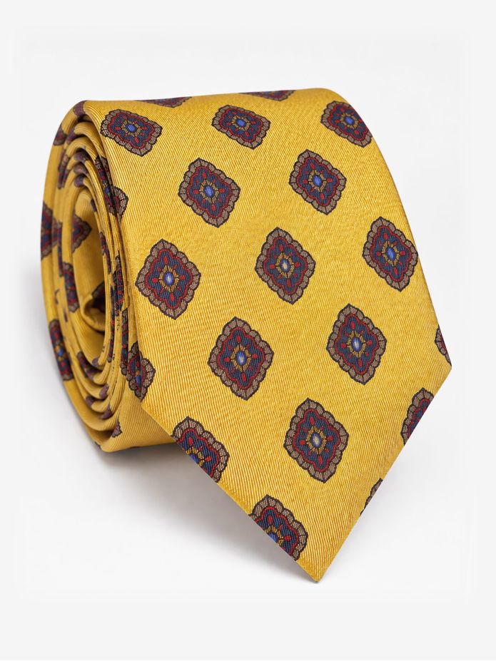 Cravate en soie jaune à motifs rétro