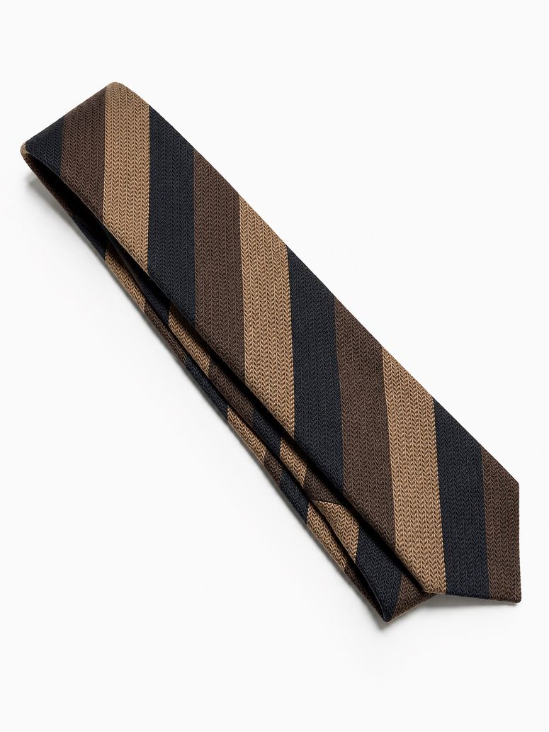 Cravate club à larges rayures marron beige et bleu marine