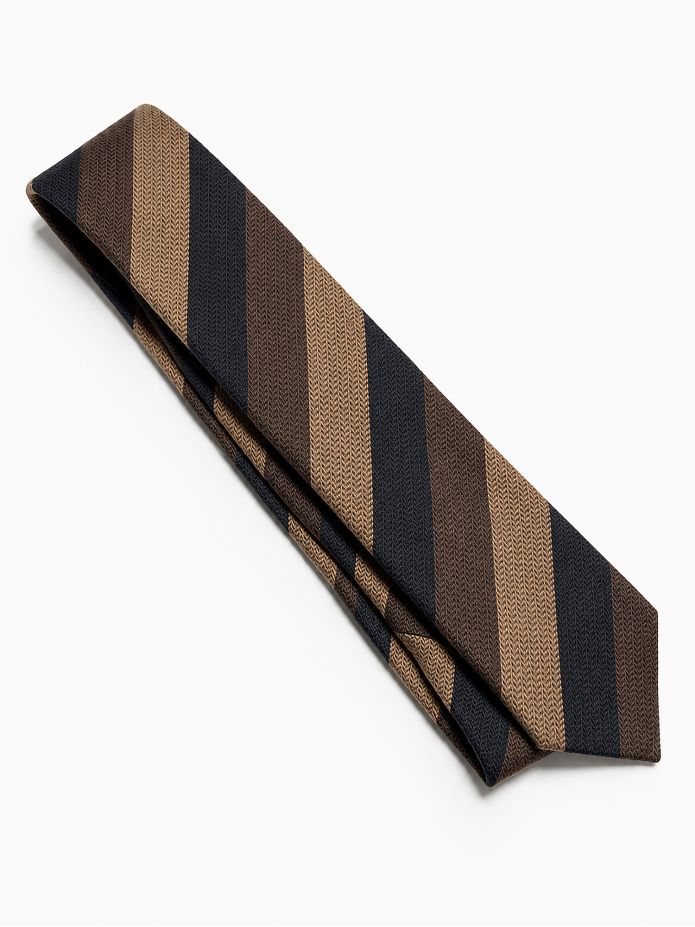 Cravate club à larges rayures marron beige et bleu marine
