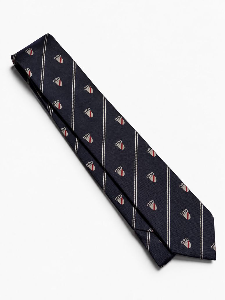 Cravate en soie marine à motifs blasons