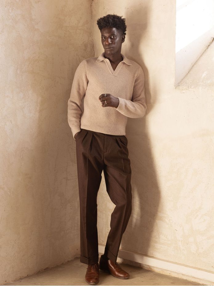 Pull en maille col polo anglais beige Finn