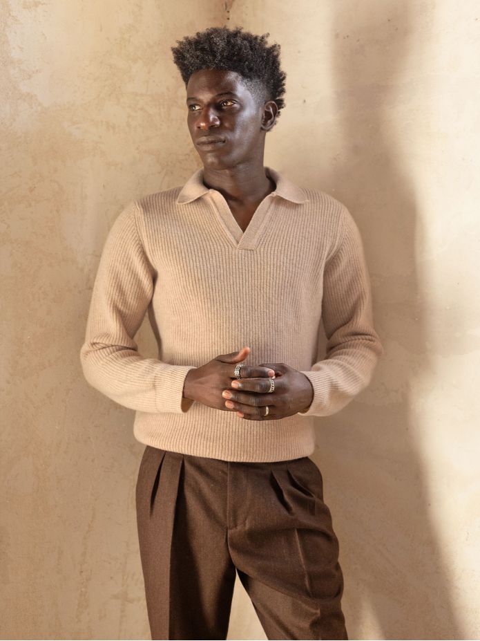 Pull en maille col polo anglais beige Finn