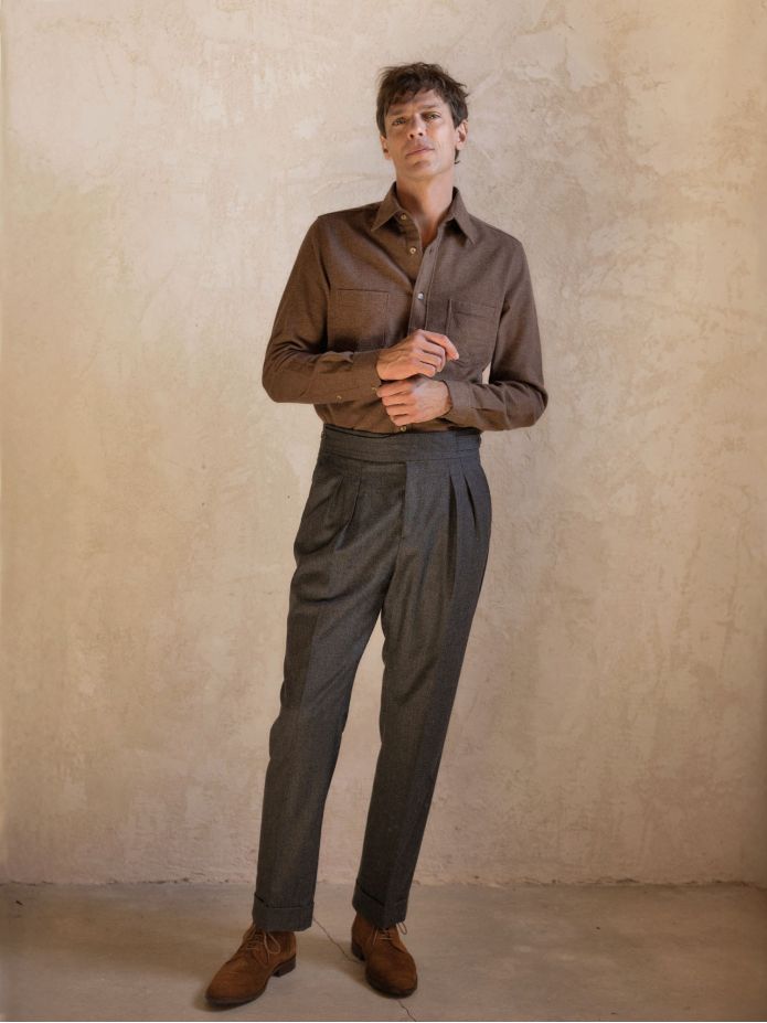 Chemise col français en flanelle marron
