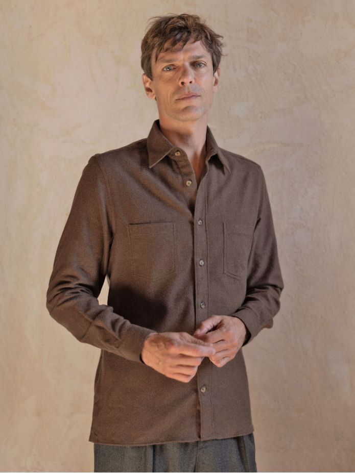 Chemise col français en flanelle marron